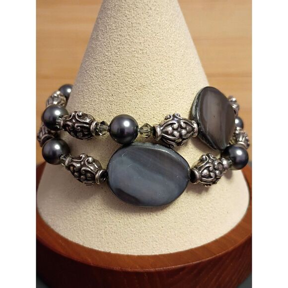 Vintage Designer signed, Brighton Utopia Double Strand Gray Bead Silver Bracelet - Picture 6 of 6